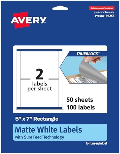 Avery TrueBlock Matte White Rectangle Labels, Sure Feed Technology, 5" x 7", 100 Matte White Labels, Laser/Inkjet Printable, Great for Packaging and Product Merchandising