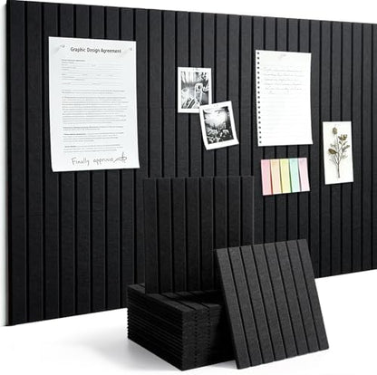 Slat Felt Wall Tiles (12 Pack) - 11.8"x11.8" Self-Adhesive Bulletin Board for Wall, Acoustic Panels for Sound Dampening, Modern Black Pin Board, Home Office Decor (30x30cm)