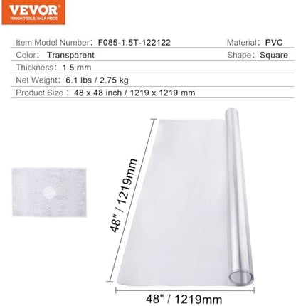VEVOR Plastic Table Cover, 48 x 48 Inch 1.5 mm Thick Clear PVC Protector, Square PVC Desk Mat, Waterproof & Easy Cleaning Desk Pad Tablecloth, for Office, Dresser, Dining Room, Night Stand