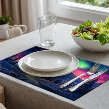 Batmerry Winter New Year Linen Placemats Set of 8, Aurora-s Pink Skies Snowy Mountains Washable Table Mats for Kitchen Table Thickened Heat Insulation Dining Set Indoor Outdoor 12X18 in