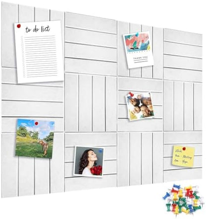 12 Packs White Felt Pin Board, Large 12" Bulletin Board with 30 Push Pins, Felt Board Slat Wall Paneling for Office Home Kitchen, Self-Adhesive Corkboard Tiles for Classroom Message Photos Memos