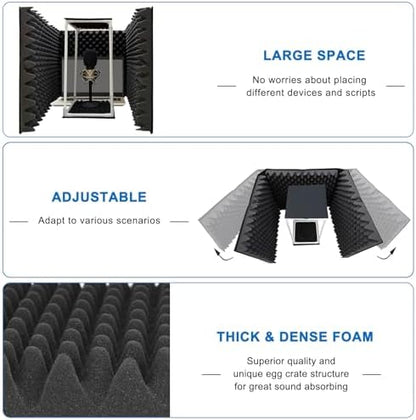 TroyStudio Large Microphone Isolation Shield, Foldable Vocal Booth Reflection Filter, 2 Inches Thick Acoustic Foam Panel Music Sing Podcast Recording Studio Adjustable Sound Box for Desk & Laptop