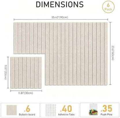 Felt Bulletin Board 36"x24" - Cork Board Alternative, 6-Pack Felt Wall Tiles with 40 Adhesive Tabs & 35 Pushpins, Pin Board for Classroom Home Office, Oatmeal