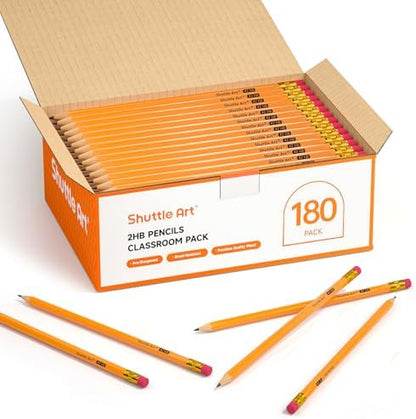 Shuttle Art Wood-Cased #2 HB Pencils, 180 Pack Sharpened Yellow Pencil with Erasers, Bulk Pack Graphite Pencils for School and Teacher Supplies, Writing, Drawing and Sketching