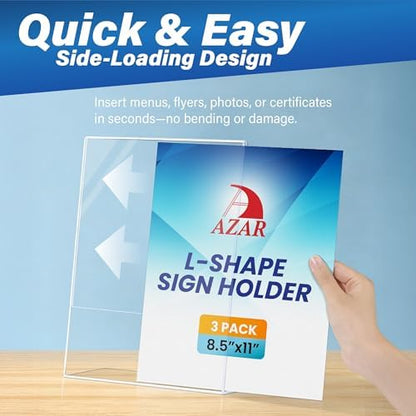 Azar Displays 112430-3PK Side Load Sign Holder 8.5x11 – Clear Flexible Plastic Display Stand, Slanted Acrylic Tabletop Frame for Menus, Signs– Pack of 3