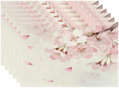 Batmerry Vintage Cherry Blossom Linen Placemats Set of 6, Delicate Watercolor Pink Flowers Washable Table Mats for Kitchen Table Thickened Heat Insulation Dining Set Indoor Outdoor 12X18 in