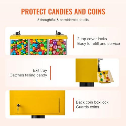 VEVOR Commercial Vending Machine, Triple Compartment Candy Dispenser with Iron Stand, Gumball and Candy Machine for Business, Coin Operated Gumball Bank for Toy Capsules Bouncy Balls Candy Nut, Yellow