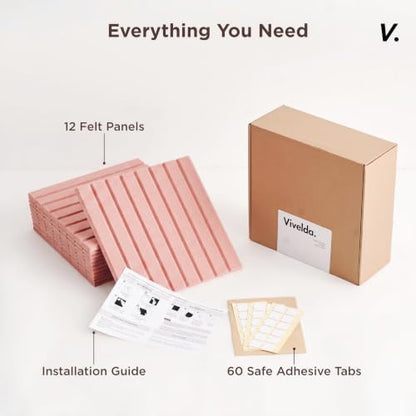 VIVELDA Felt Bulletin Board Tiles 48"x36" - 12-Pack Cork Board Alternative, Oeko-TEX Certified, NRC 0.95 Acoustic Wall Panels, Damage-Free Adhesive, Slatted Design, Home Office & Classroom (Salmon)