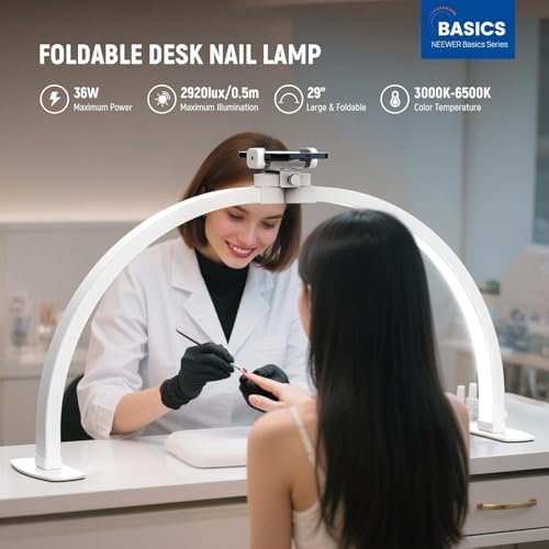 NEEWER Basics 29" Half Moon Nail Light for Desk, 36W Foldable Nail Tech Table Arc Lamp, LED Manicure Half Ring Light with Phone Holder for Makeup Beauty Tattoo Overhead Video Recording, HM02-D