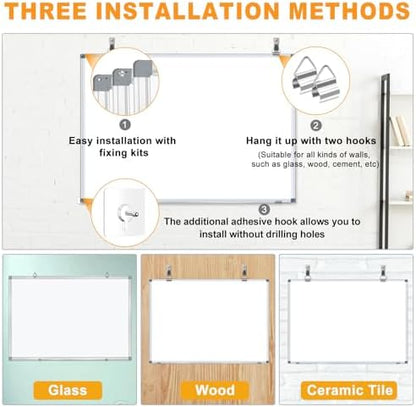 H-Qprobd White Board Dry Erase Whiteboard for Wall 24x18 (2pcs) Magnetic Boards for Office Classroom & Home, Small Wall Whiteboard Including 6 Markers, 10 Magnets, 2 Erasers & 10 Adhesive Hooks