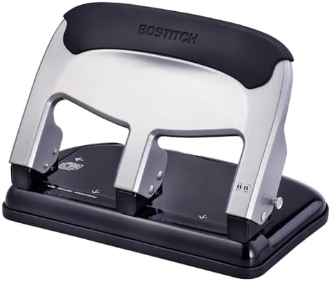 Bostitch Office EZ Squeeze Heavy Duty 3-Hole Punch for Home Office & School, 40-Sheet Capacity, One-Touch Reduced Force, Sleek Silver Design