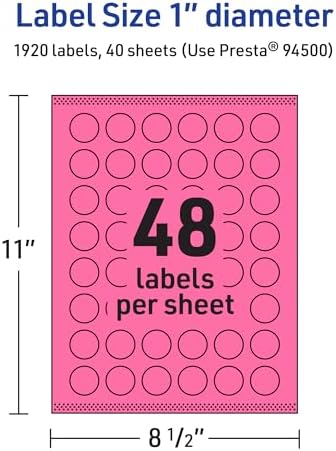 Avery Printable Round Labels, Sure Feed Technology, 1" Diameter, Bright Pink Labels, Print-to-the-Edge, Laser/Inkjet, 1,920 Total, Great for Price Stickers and Mailing Seals