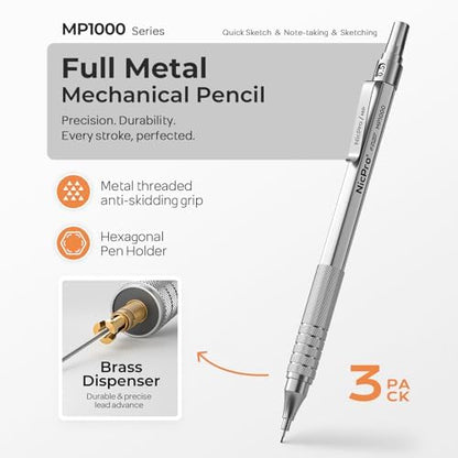 Nicpro Metal Mechanical Pencil Set with Case, 0.5mm Art Pencil, 3 Pack