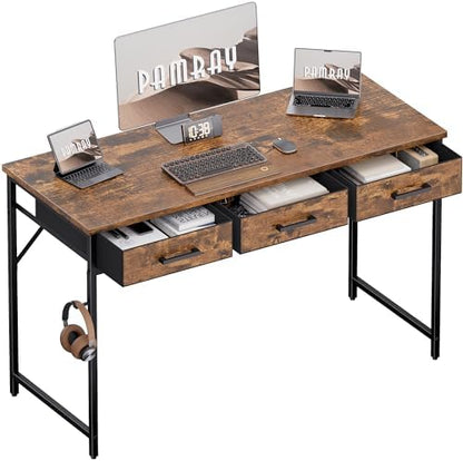 Pamray 47 Inch Small Computer Desk with 3 Drawers for Bedroom Study Writing Home Office Table for Small Spaces Vintage