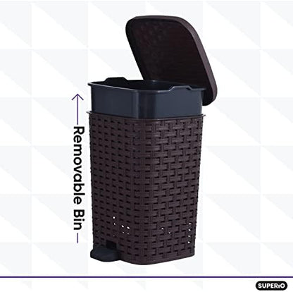 Superio Mini Trash Can with Foot Pedal Small Outdoor Garbage Can with Lid, 1.5 Gallon Plastic Waste Basket for Bathroom, Bedroom, Kitchen, Office, Patio (Wicker Brown 6 QT.), 8 Pack