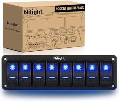 Nilight 8 Gang Rocker Switch Panel SPST On Off 5PIN Electrical Toggle Blue