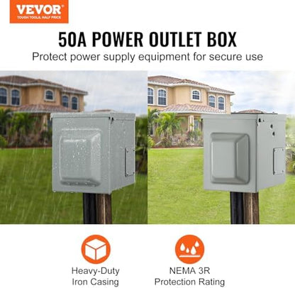VEVOR 50 Amp RV Power Outlet Box, 125/250 Volt, Enclosed Lockable Outdoor RV Receptacle Box, NEMA 14-50R Weatherproof Electrical Panel, for RV Camper Trailer Motorhome Electric Car