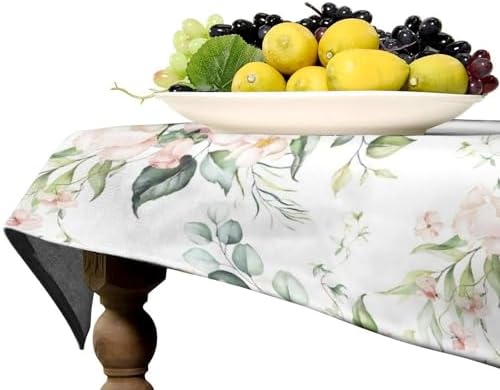 Pink Flowers Tablecloth, Watercolor Sage Green Eucalyptus Leaves Branches Floral Print Table Cloth for Picnic Party Dining Room Home Decor 60x120in