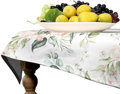 Pink Flowers Tablecloth, Watercolor Sage Green Eucalyptus Leaves Branches Floral Print Table Cloth for Picnic Party Dining Room Home Decor 60x120in