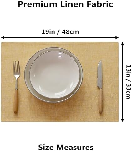 Demetex Placemats Set of 6 Yellow Linen Table Mats Heat Resistant Cloth Place Mats for Dining Room Kitchen Tables, Yellow