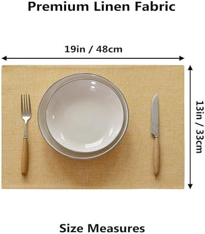 Demetex Placemats Set of 6 Yellow Linen Table Mats Heat Resistant Cloth Place Mats for Dining Room Kitchen Tables, Yellow