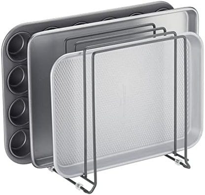 mDesign Pot Lid and Pan Rack — Metal Wire Rack for Cabinets, Pantries or Kitchen Surfaces — Freestanding Pan Stand with 5 Slots for Pans, Pots, Lids and Crockery — Dark Grey