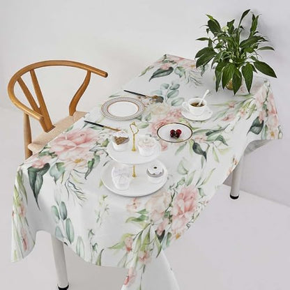 Pink Flowers Tablecloth, Watercolor Sage Green Eucalyptus Leaves Branches Floral Print Table Cloth for Picnic Party Dining Room Home Decor 60x120in