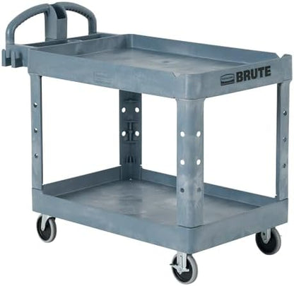 Rubbermaid Commercial Products BRUTE Heavy Duty 2-Shelf Utility/Service Cart, Medium, Lipped Shelves, Ergonomic Handle, 500 lbs. Capacity, Gray, for Warehouse/Garage/Cleaning/Maintenance/Stadiums