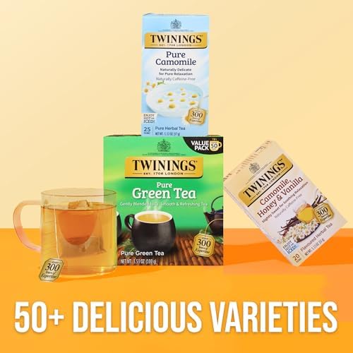 Twinings Pure Camomile Herbal Tea Individually Wrapped Bags, 25 Count (Pack of 6), Calming & Delicate, Naturally Caffeine-Free, Enjoy Hot or Iced, 150 Teabags