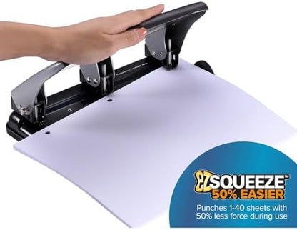 Bostitch Office EZ Squeeze Heavy Duty 3-Hole Punch for Home Office & School, 40-Sheet Capacity, One-Touch Reduced Force, Sleek Silver Design