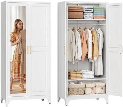 SteeLoong 71”Armoire Wardrobe Close,White Wardrobe Cabinet with Mirror Door