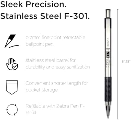 Zebra Pen F-301 Retractable Ballpoint Pen, Black/Blue Ink, 0.7mm, 6-Pack