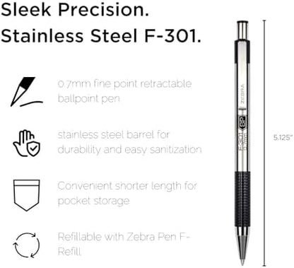 Zebra Pen F-301 Retractable Ballpoint Pen, Black/Blue Ink, 0.7mm, 6-Pack