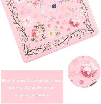 Pink Kitchen Mats for Floor Floral Cushioned Anti Fatigue Mats for Kitchen Floor for Sink, Stove, Desk, Laundry,17"x30"+17"x47", Baby Pink