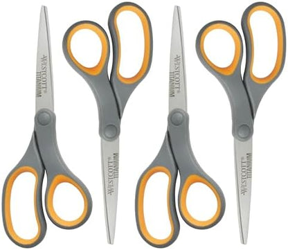 Westcott 8-Inch Titanium Bonded Straight Scissors, Soft Handle, Gray/Yellow, 4-Pack