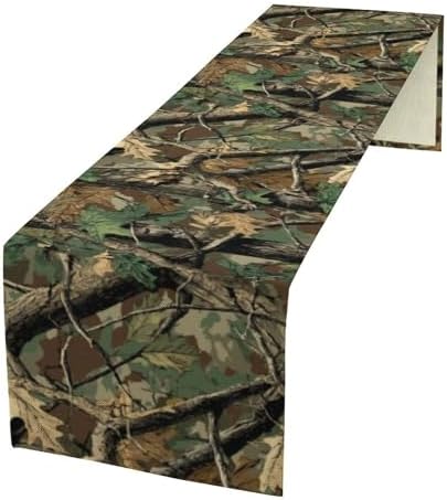 Forest Camouflage Table Runner, Camo Conifer Oak Branches Leaves Military Mossy Lodge Country Camp Cabin Theme Dinner Table Runner for Home Kitchen Dining Table Decoration 13"x70"