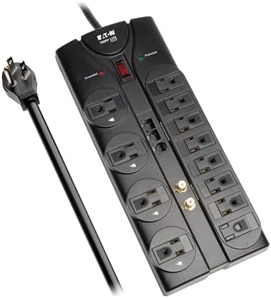 Eaton Tripp Lite TLP1208SAT Home Theater Surge Protector Power Strip, 12 Outlets, Flat Plug 8ft Extension Cord, 2880 Joules Coax, RJ11 and RJ45 Port for Phone, TV, WiFi Router, & Ethernet Protection