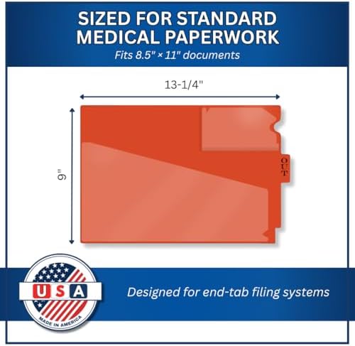 Doctor Stuff - Center Tab Vinyl Out Guides, Diagonal Cut Front Pocket, Top Charge Out Slip Pocket, Plastic File Folder, Letter Size 9" x 13-1/4", Orange, 100/Box