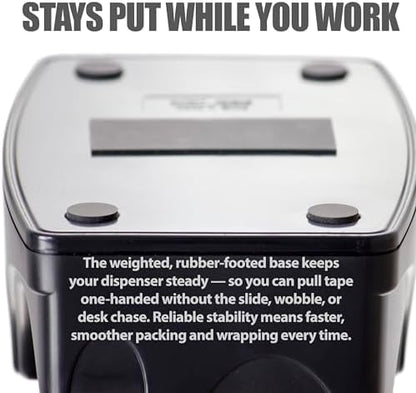 Officemate 2-in-1 Heavy Duty Tape Dispenser - Fits 1 Inch and 3-Inch Cores, Weighted 5.5 lb Base for Stability, Holds Packing and Standard Tape, Storage Compartment for Office Supplies, Black