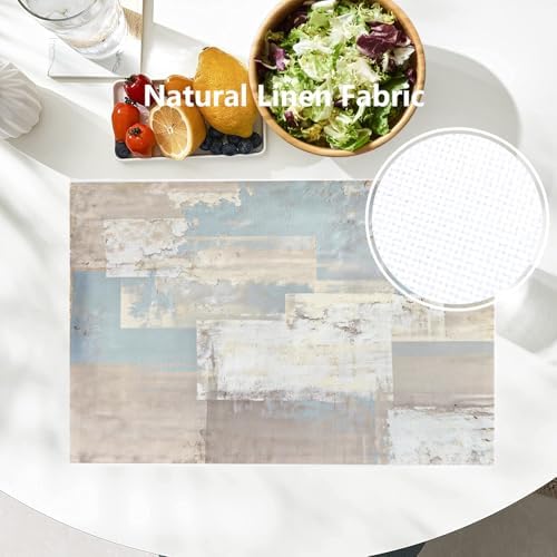 Batmerry Taupe Squares Texture Placemats,Grey and Beige Abstract Painting Washable Linen Table Mats for Kitchen Table Double Insulation Decor Dining Set Indoor Outdoor 12X18 in Set of 4