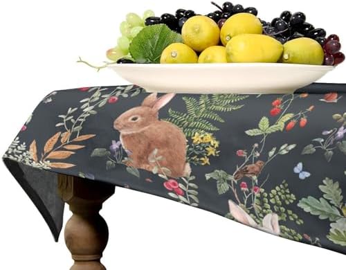 Watercolor Forest Tablecloth, Rustic Woodland Animals Squirrel Rabbit Fox Wild Flower Mushroom Leaves Print Table Cloth Cover for Kitchen Dining Indoor Outdoor Decor 60x110in