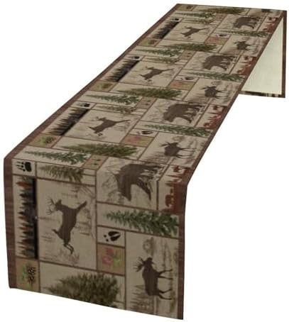 Rustic Moose Deer Bear Table Runner, Retro Vintage Bear Cottage Country Style Cabin Farmhouse Dinner Runner for Home Kitchen Dining Table Decoration 13x70inch