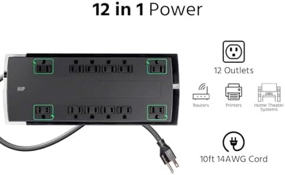 Monoprice 12 Outlet Slim Surge Protector - UL Rated, 4,230 Joules, Grounded and Protected Light Indicator, 10 Feet, Black (Pack of 2)