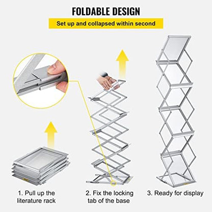VEVOR Literature Rack, 6 Pockets, Pop up Aluminum Magazine Rack, Lightweight Catalog Holder Stand w/Carrying Bag for Living Room, Hotel, Trade Show, Exhibition, Office