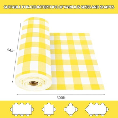 CXPSINC 54 Inch X 300 Feet Plastic Table Cover Roll Disposable Tablecloth with Slide Cutter for All Type/Shape Tables | Party, Banquet, Birthdays, Weddings(Yellow Checkered, 300 Feet)