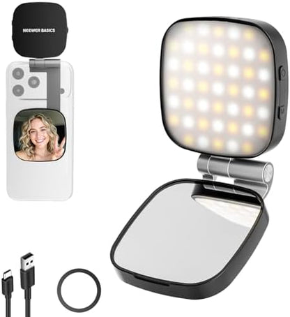 NEEWER Basics Magnetic Selfie Light Compatible with MagSafe iPhone, 2W CRI95+ Bi Color Swivel Small LED Phone Fill Lighting, 680lx/0.3m, Mirror for Vlog Recording Makeup Video Conference, NL45B Black