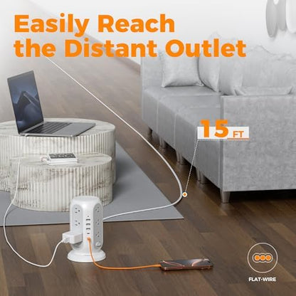 TESSAN Tower Power Strip Surge Protector, Flat Extension Cord 15 Ft, Grey