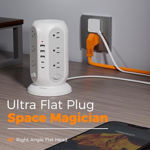 TESSAN Tower Power Strip Surge Protector, Flat Extension Cord 5 Ft, Grey