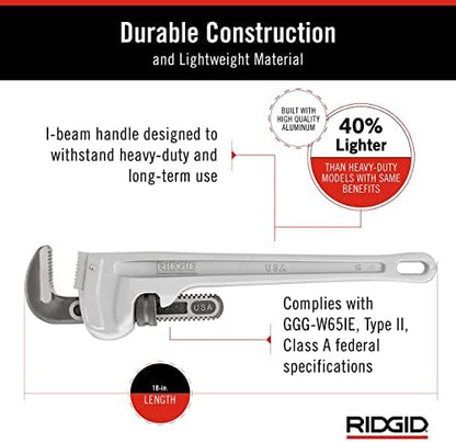RIDGID 31100 Model 818 Aluminum Straight Pipe Wrench, 18-inch Plumbing Wrench