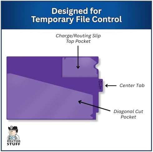 Doctor Stuff - Center Tab Vinyl Out Guides, Diagonal Cut Front Pocket, Top Charge Out Slip Pocket, Plastic File Folder, Letter Size 9" x 13-1/4", Purple, 100/Box
